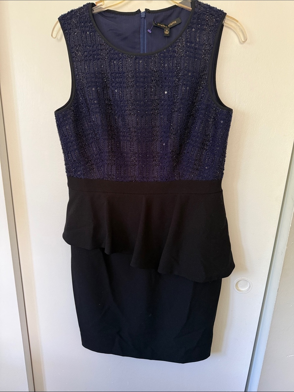 Cynthia Steffe NavyTweed Black Beaded Sleeveless Peplum Sheath Dress Size 12